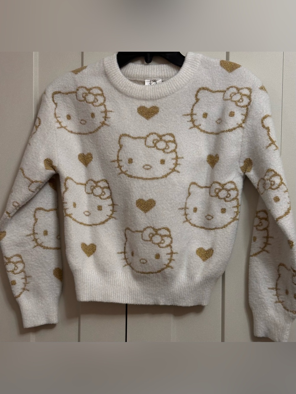 Hello Kitty Sanrio White Gold Metallic Fuzzy Knit Sweater Girls Large 10/12